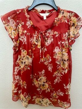 LC Lauren Conrad Red Floral Tie-Neck Flutter Sleeve Blouse